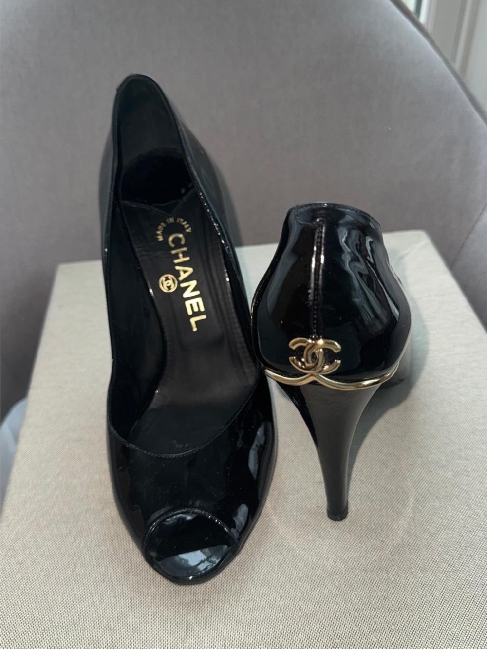 CHANEL Patent Leather Black Peep-Toe Heels